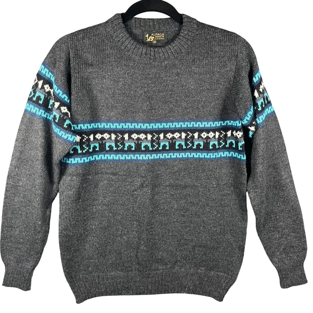 Alpaca Adulta Sweater Mens Medium Grey Blue Llama Geometric Peru‎ Wool Crewneck
